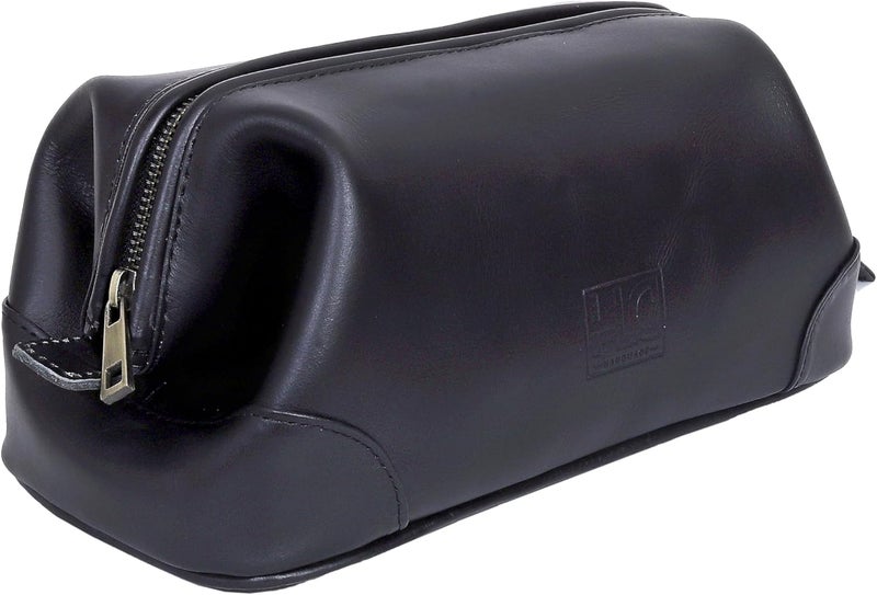 HLC Leather Toiletry Bag for Men Best Gift Premium Genuine Dopp Kit Shaving Kit Organizer Travel Kit Pouch Bag 10 inch Size (Black) - Image 1